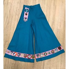 Vintage Novelty Homemade Blue Felt pants with international Ski resort patches