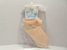 Vtg PINK Leg ANKLET LACE RUFFLE Lacy Socks One Size Nylon Serena Made Taiwan