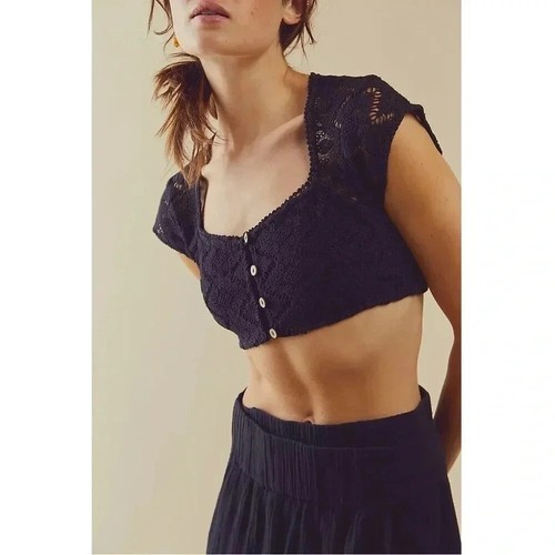 New Free People Epic Sunset Set Two Piece Skirt Set Crop Lace Linen Black Sz S - Picture 2 of 16