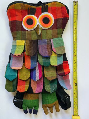 Owl Patchwork Backpack Purse Bag Multicolor Boho Zipper Bird Funky - Picture 2 of 8