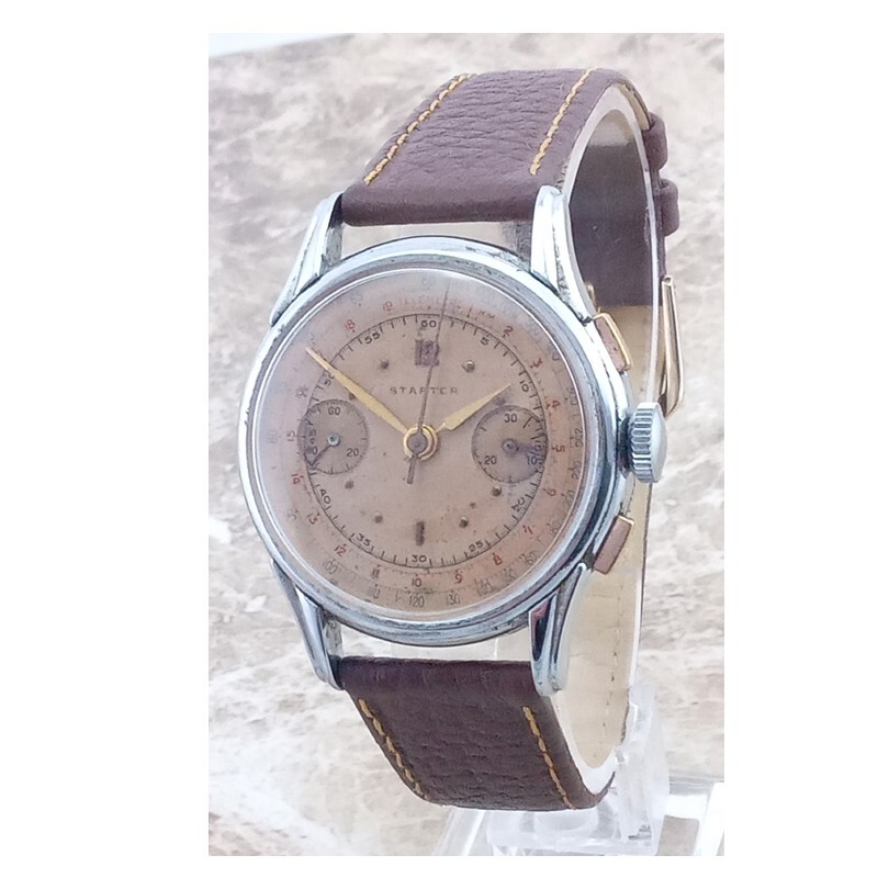 Vintage Swiss Steel Starter Chronograph Copper Dial Wrist