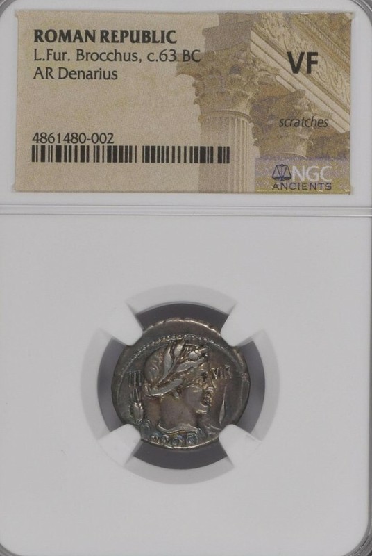 L. Fur. Brocchus c 63 BC. Silver Denarius.  Roman Republic.  NGC VF.  Toning