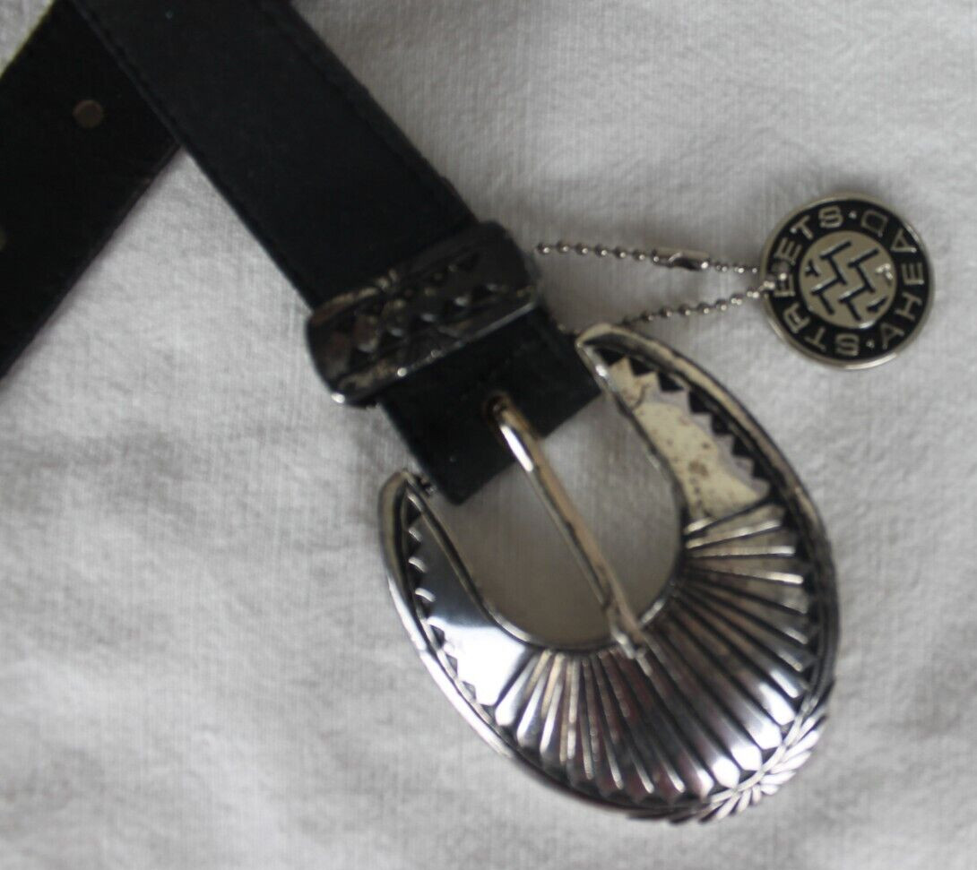 Streets Ahead Black Leather Belt Silver Aztec Logo Metal Tag Size Small 1653