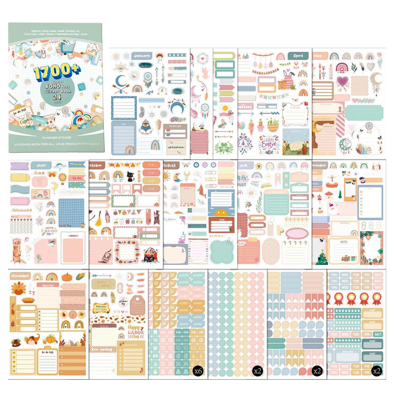 Planner Stickers 24 Sheets 1700+ Boho Year Sticker Book Monthly Themed Stickers-image