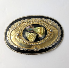 Vtg Western Belt Buckle Abalone Shells Black Enamel w/Gold Tone Cowboy Cowgirl