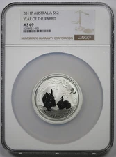 2011 P Australia Year of the Rabbit 2 oz .999 Silver $2 MS 69 NGC