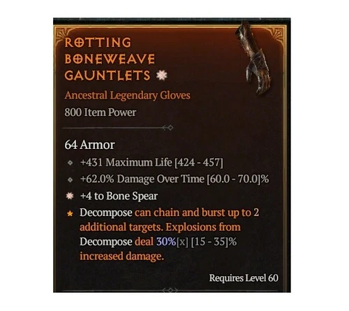 Diablo 4 S8 Rotting Boneweave Gauntlets 1GA Legendary Gloves Gear Item Equipment