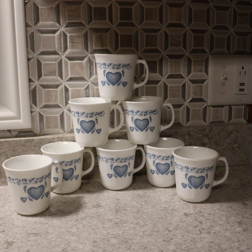 Vintage Corning Ware Corelle White/Sponge Blue Heart Coffee Mug Cups Set Of 8