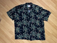 Paradise Found Hawaiian Shirt Black Green Palm Trees Rayon Mens