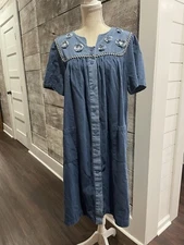 Go Softly Patio Denim Dress w/Flower Pom Poms Women's Size L