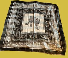 Lg Vintage 1980’s Baroque Leopard Black & White Retro Scarf SIGNED 39” Square