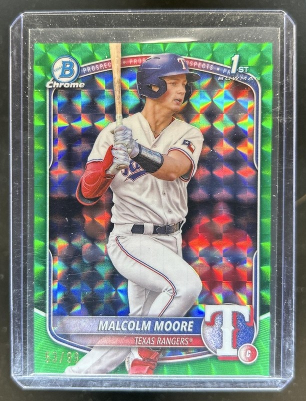 2025 Bowman Malcolm Moore Chrome Green Geometric Refractor 1st #/99 Rangers