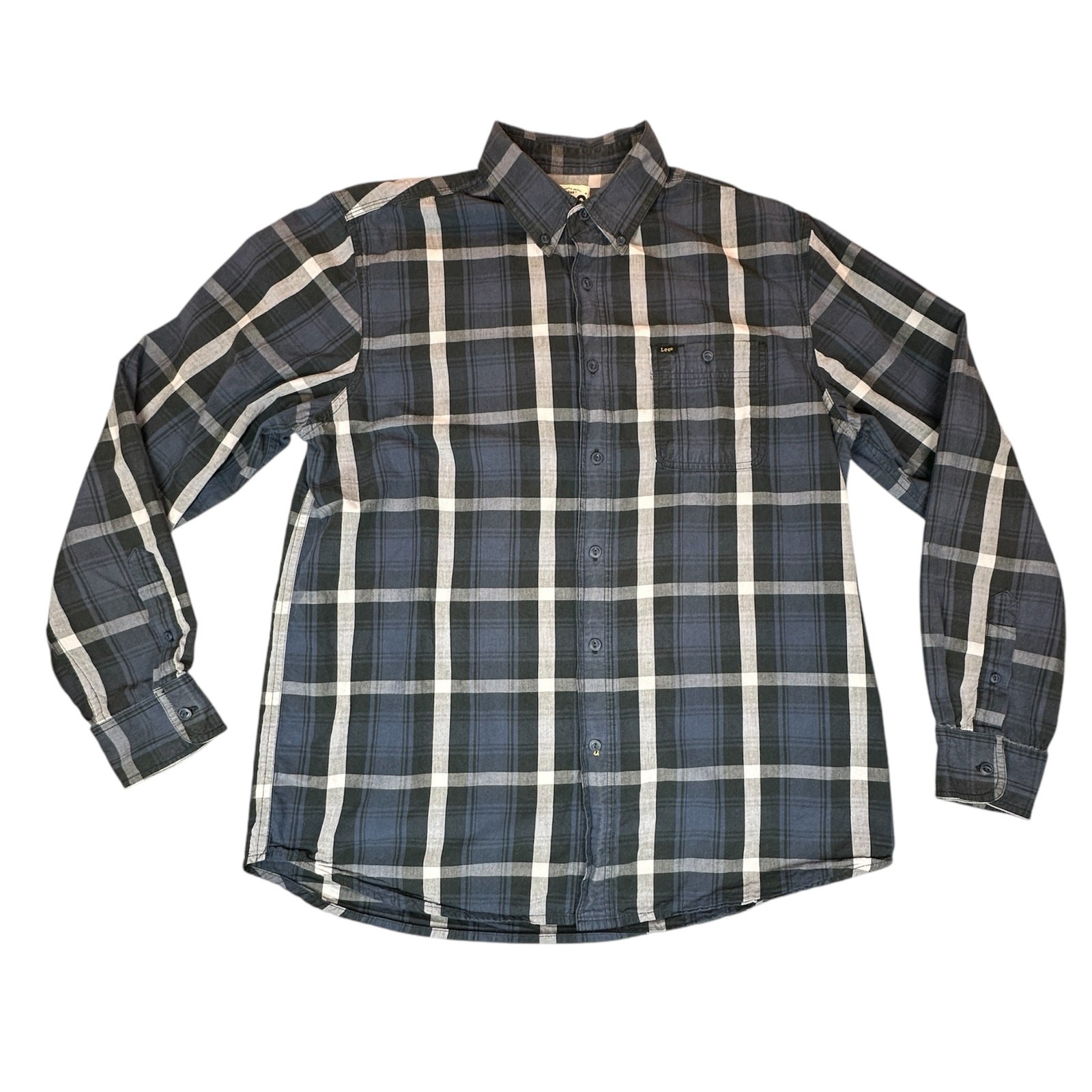 Lee Men's Classic Blue & White Plaid Button-Down Shirt - Timeless Everyday Top - Size Large