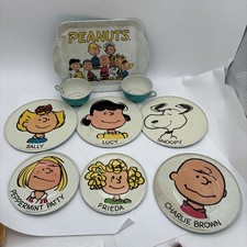Vintage Peanuts Snoopy Tea Set, Plates, Cups, Tray, Metal Blue