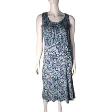 ERIKA Smocked Dress Petite Medium Blue Paisley Rayon Side Button Casual Boho