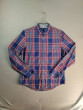Tommy Hilfiger Mens Shirt Medium Blue Plaid Slim Fit Long Sleeve Button Down