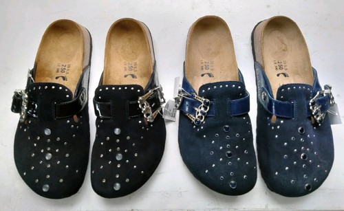 New Birkenstock Betula Rocko Suede Black/Blue Leather Buckle Clogs L8 2 Pair - Imagen 20 de 20