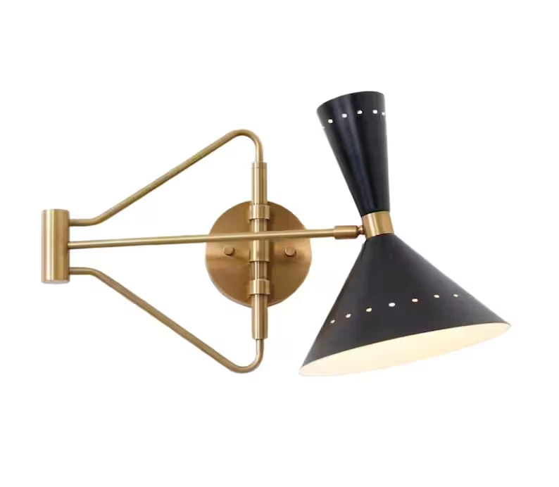 Stilnovo Adjustable Swing Arm Wall Lamp – Mid Century Modern Brass Diabolo Cone - Image 3 of 4