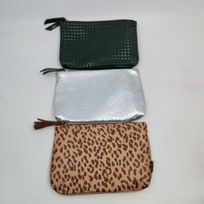 Lot of 3 Ipsy Glam Travel Makeup Cosmetic Bags Green Textured Leopard Silver