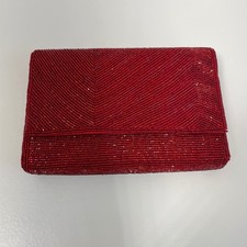 Vintage La Regale Red Beaded Chevron Clutch Evening Bag Crossbody Handmade