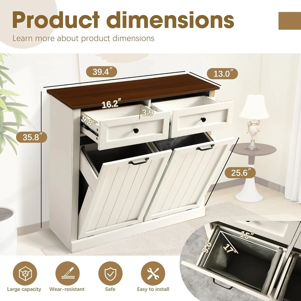 Tilt Out Laundry Hamper Cabinet, 22 Gallon Double Hidden Laundry Hamper - Image 2 of 4