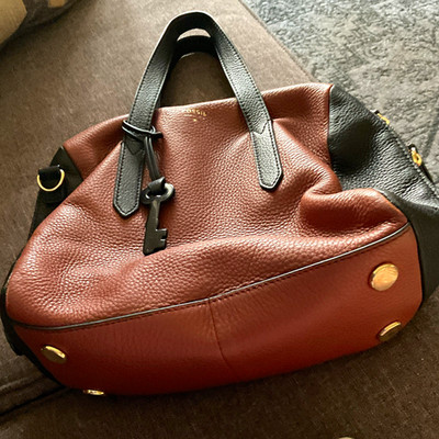 Women s Medium Brown/Black Colorblock Satchel Top Handle Zip. This is a Fossil.