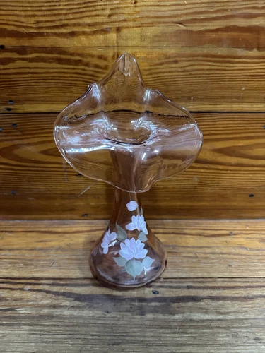 FENTON Pink White Flowers Jack in the Pulpit Hand Painted Vase Signed S Bryan
