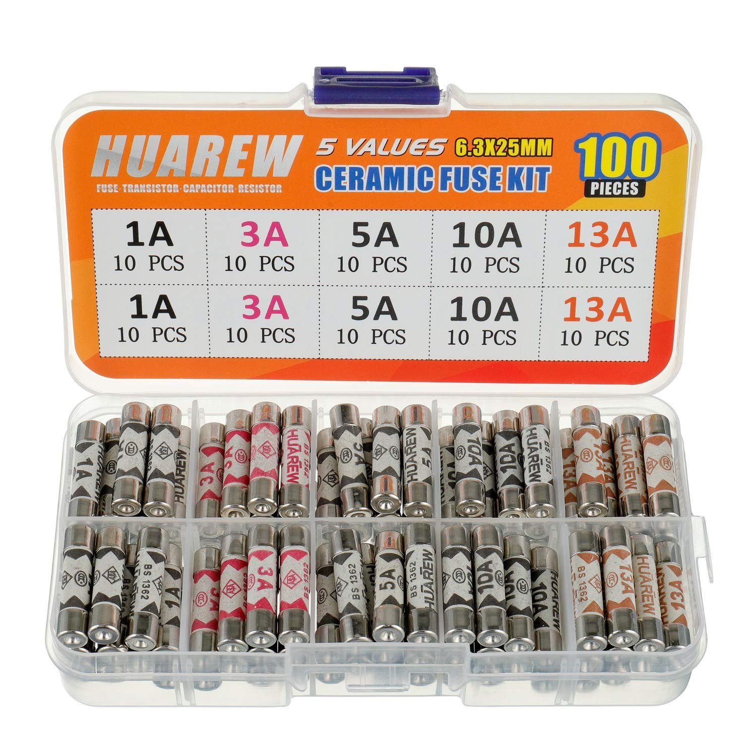 HUAREW 5 Values 100 Pcs 6.3x25 mm BS1362 1 3 5 10 13 1A/3A/5A/10A/13A-100Pcs