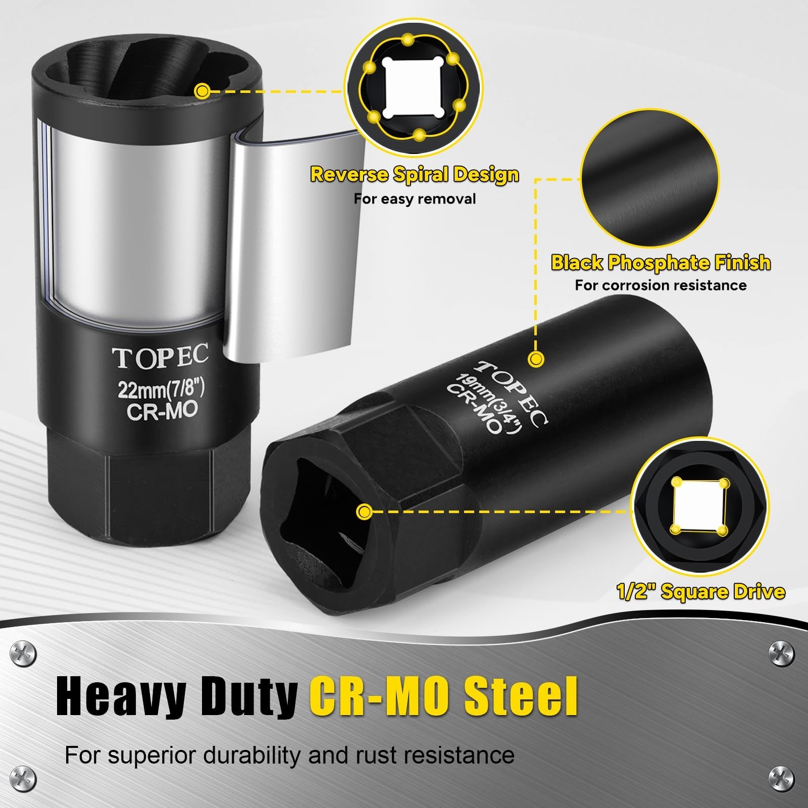 Topec 6PCS Deep Lug Nut Removal Tool, 1/2" Drive Lug Nut Extractor Set, 17-22...