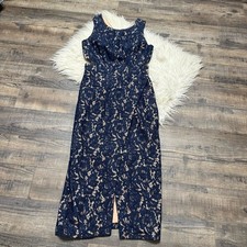 Fame and Partners Beige Navy Blue Lace Midi Dress Women's Size 2