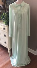 Vtg Shadow Line Nightgown Nylon Cuddle Soft Lace Green LS Cottagecore Women's L