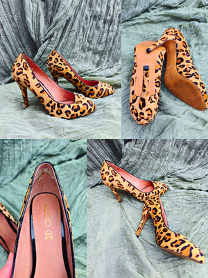 ALDO Damen Pumps Leder Stiletto High Heel spitz Leopardenmuster Beige/Schwarz 39