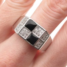 925 Sterling Silver Real Black Onyx  C Z Check Pattern Ring Size 11.5
