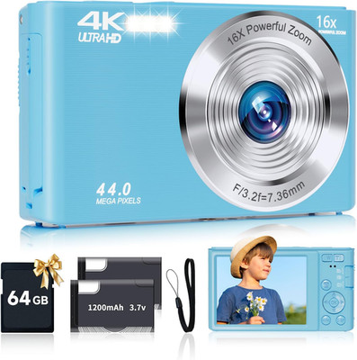 Digital Camera for Teens, FHD 4K 44MP with 64GB SD Card, 16X Digital Zoom, Compa