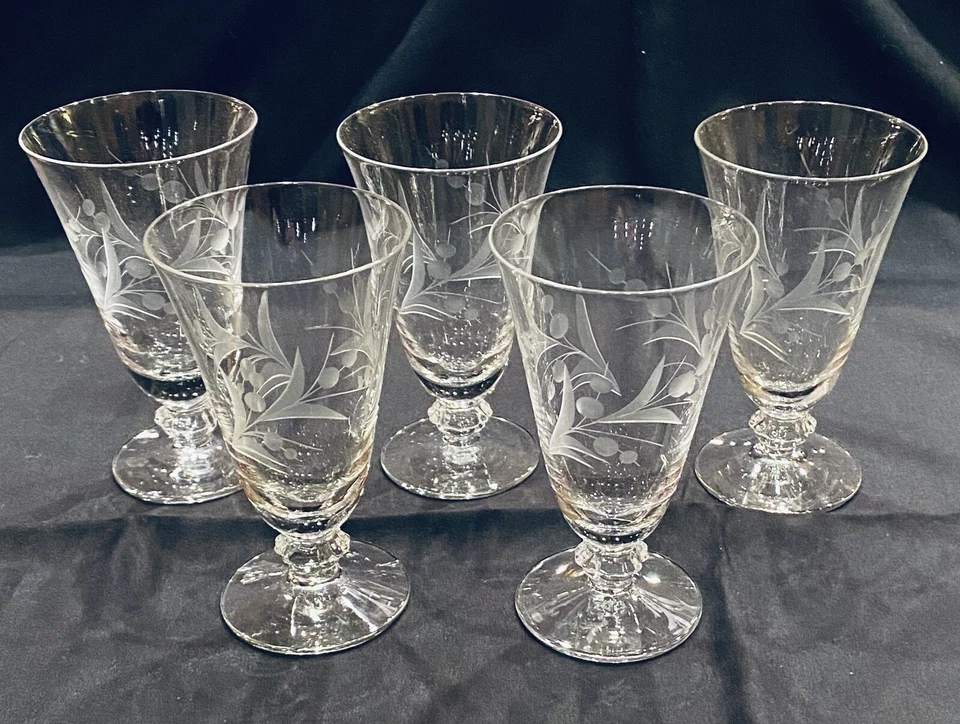 Vasos de cóctel Fostoria de colección 5 oz. Hojas cortadas CYNTHIA (años 40) 5 piezas Foto 2 de 4