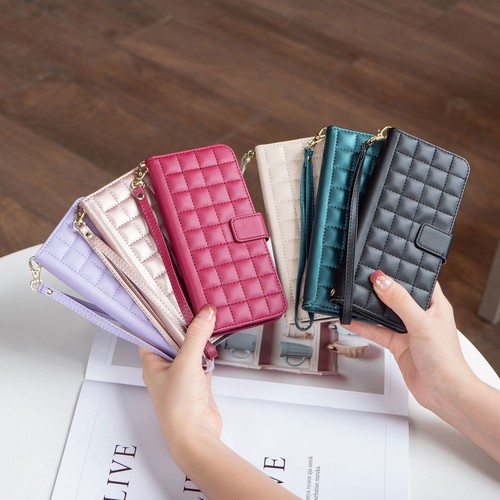 Grid Leather Strap Wallet Stand Phone Case For iPhone 16 15 14 13 12 11 Pro Max - 第 2/18 張圖片