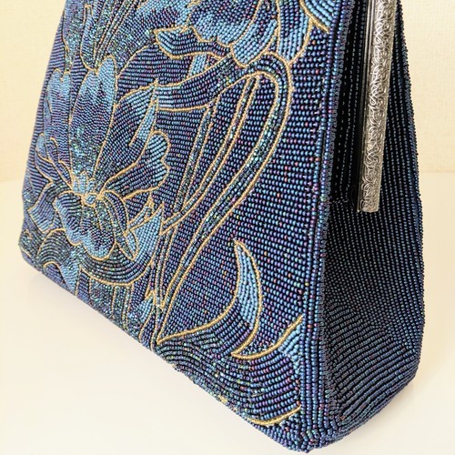 Japanese Vintage Beaded Evening Bag Floral Pattern Blue 9.8x9 inch - Picture 10 of 19