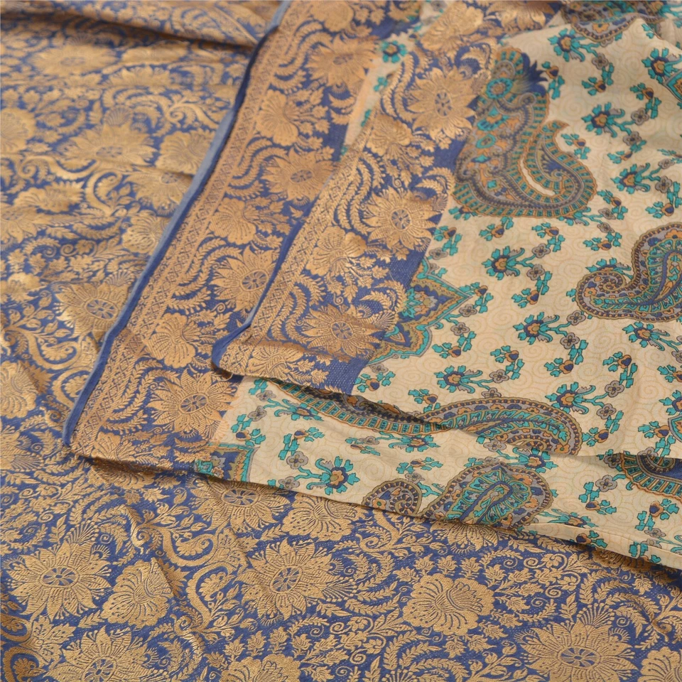 Sanskriti Vintage Beige Gold Paisley 100% Pure Silk Woven Indian Saree Fabric - Image 2 of 4