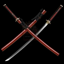 Red Japanese Katana Samurai Sword Full Tang T10 Steel Clay Tempered Real Hamon