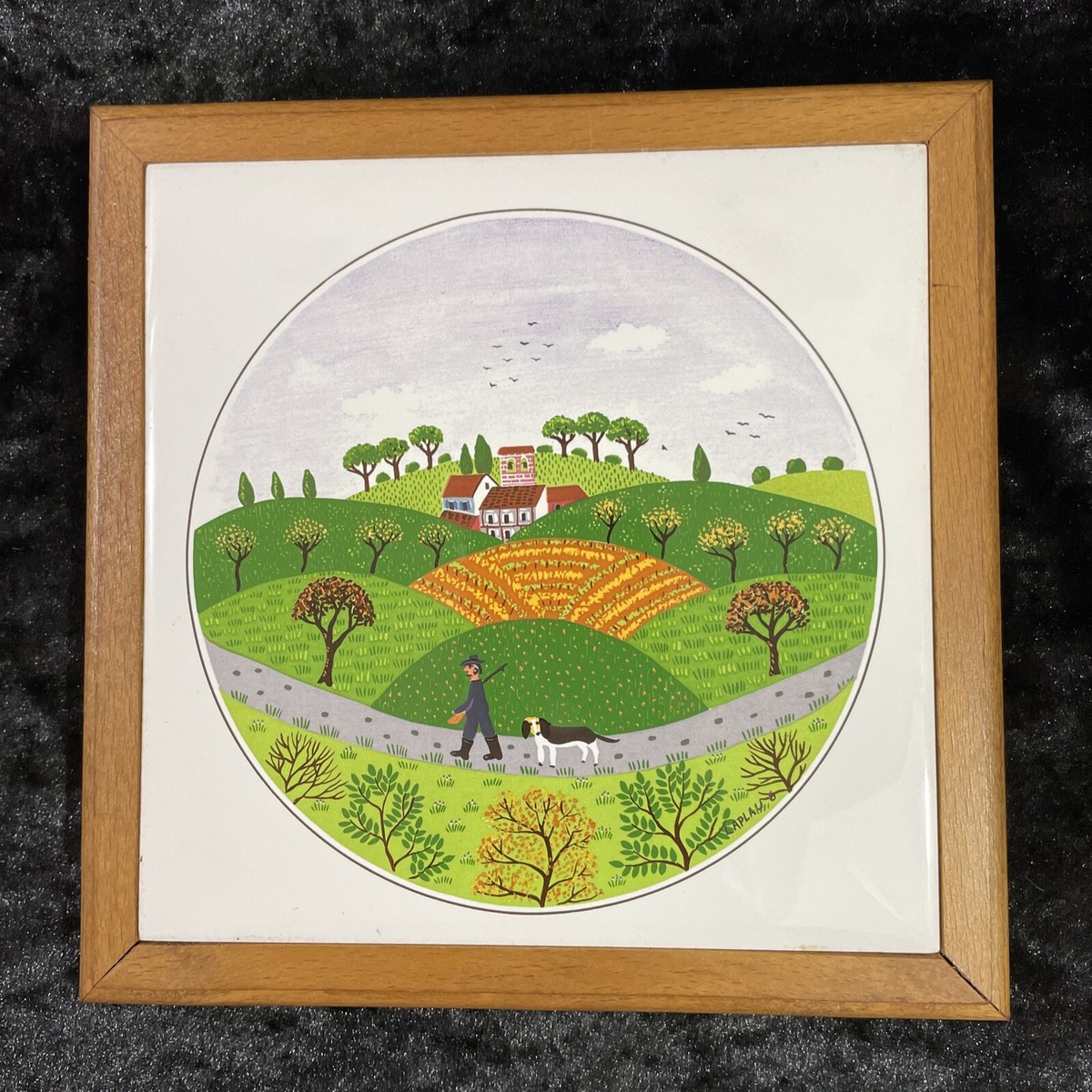 VILLEROY & BOCH Laplau 6 Wood Framed Trivet Folk Art Scene of
