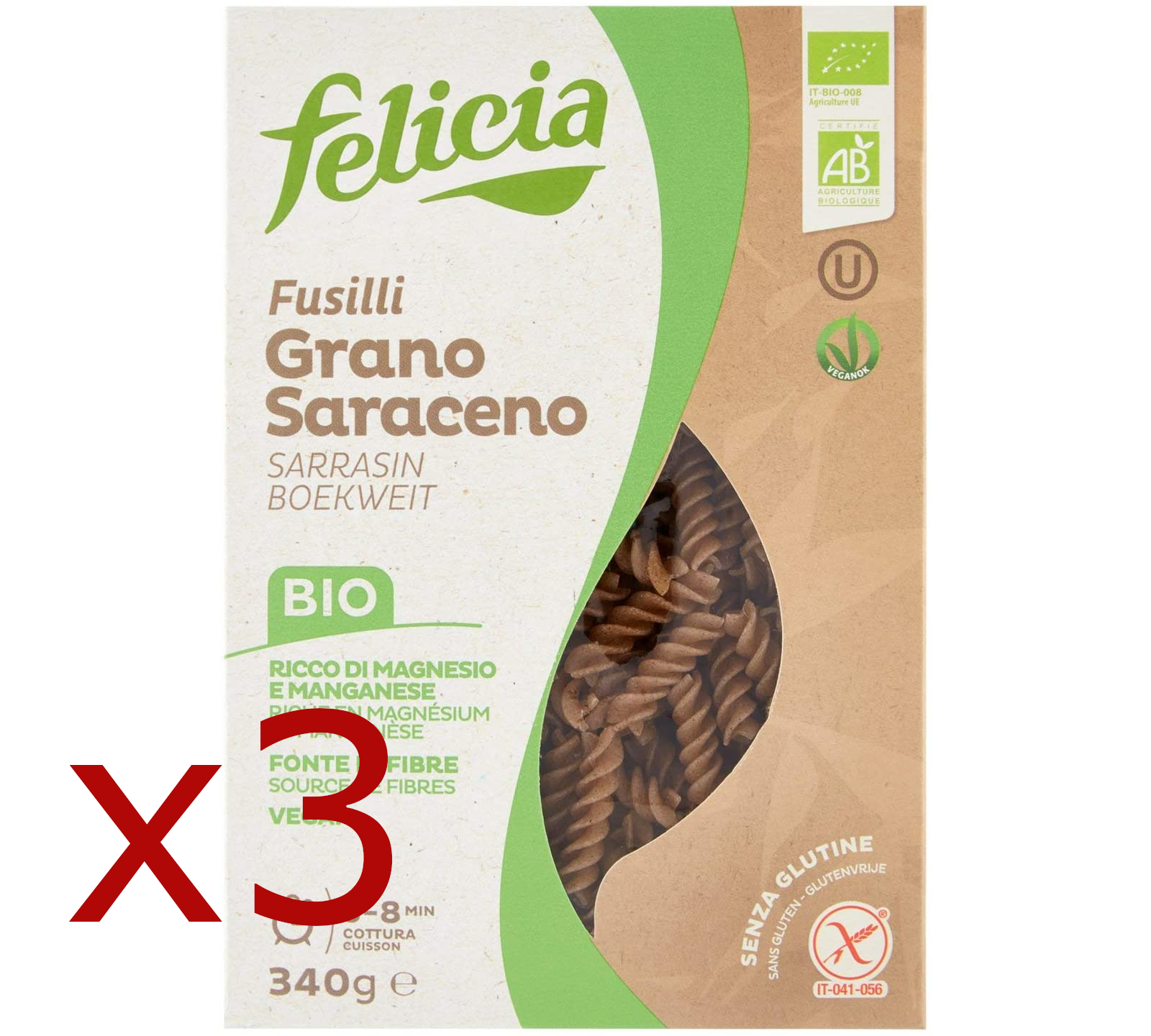 3x Felicia Fusilli Pasta With Flour Buckwheat Bio Gluten Free Vegan