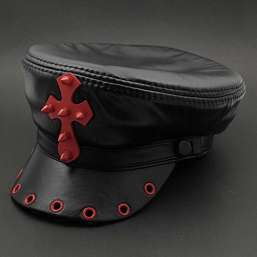 Punk Biker Cross Genuine Leather Cap Hat Men's Rocker Cap - Picture 5 of 5