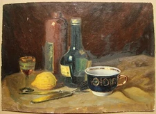 Ukrainian Soviet USSR Oil Painting realism Still Life cognac alcohol lemon cup
