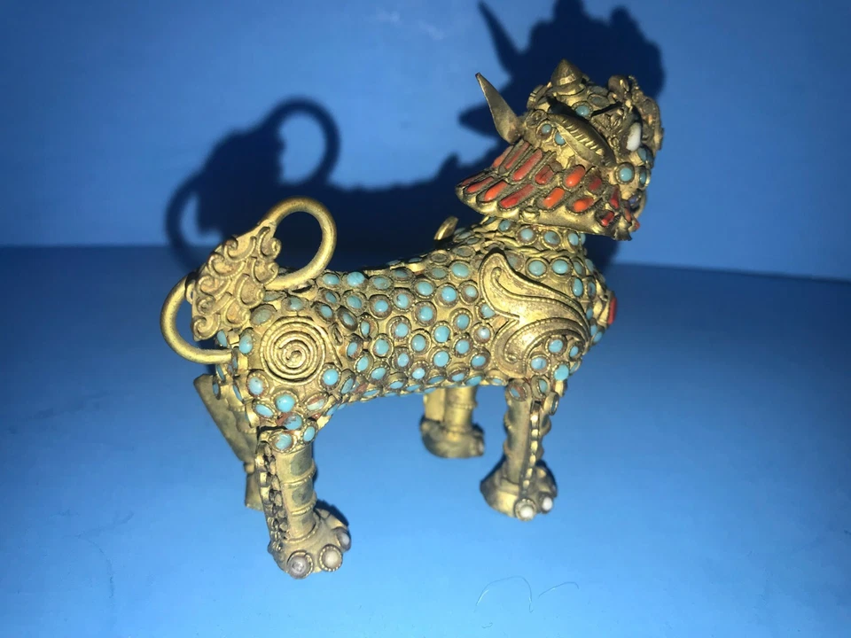 ANTIQUE CHINESE STONE coral ENCRUSTED BRASS FU FOO DOG LION & ELEPHANT - Image 4 of 4