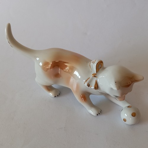 Statua vintage gatto porcellana firmata Cracovia Polonia con arte della palla anni '60 - Foto 18 di 23