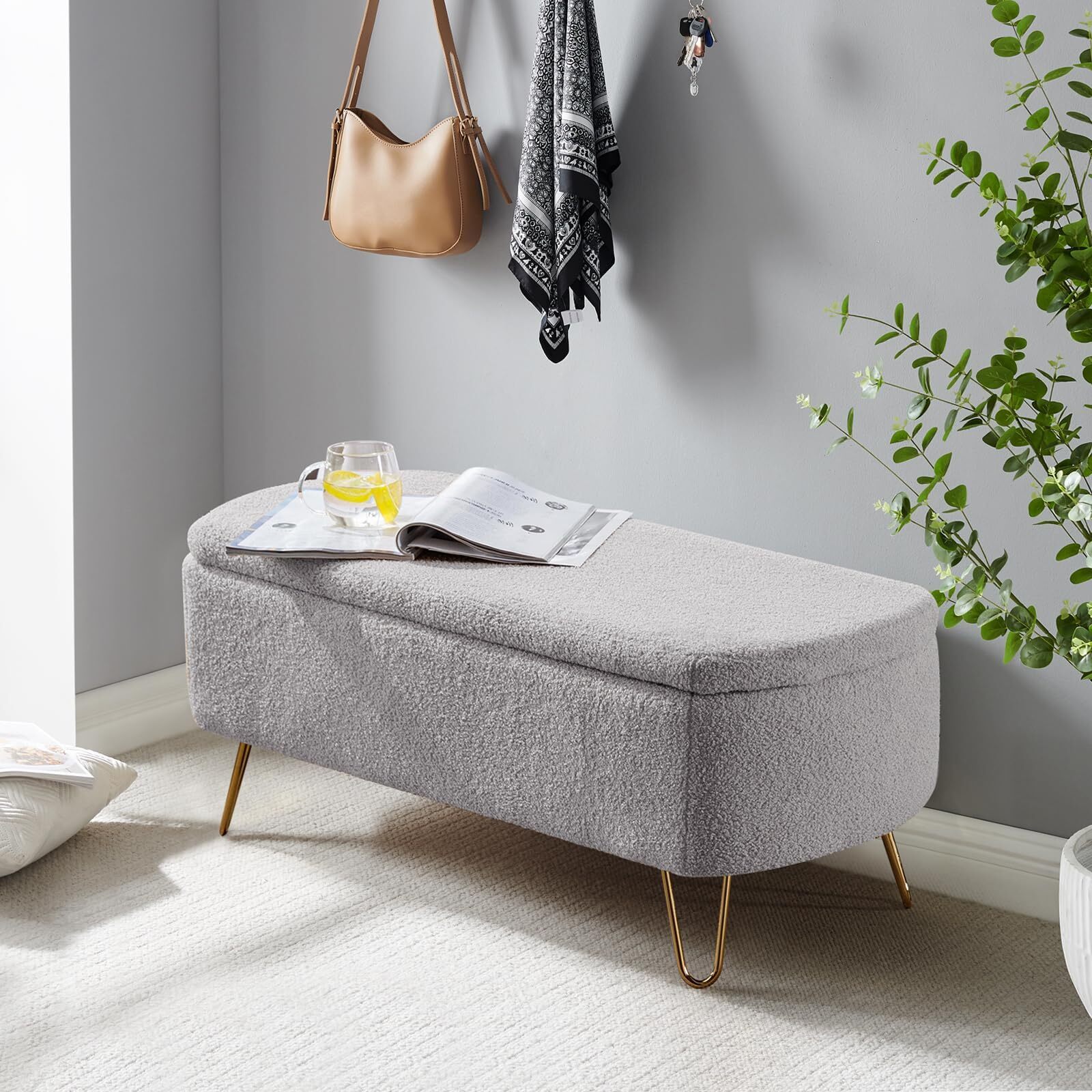 Storage Ottoman Bench,Teddy Storage Chest with Metal Legs,Lift-Top Entryway B...