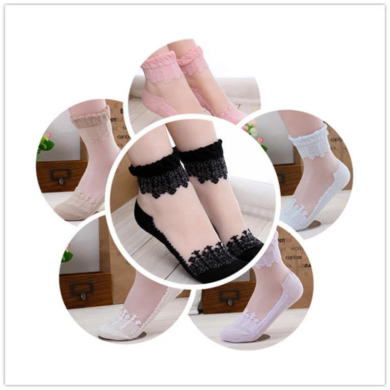 10 paia calze corte donna ultrasottili carine trasparenti cristallo seta pizzo elastico█ - Immagine 2 di 4