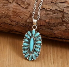 Bohemian Oval Flower-shaped Synthetic Turquoise Pendant Necklace