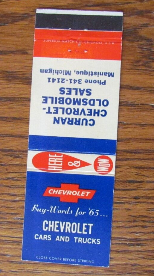 1965 CHEVROLET CAR DEALER MATCHBOOK COVER CURRAN MANISTIQUE, MI
