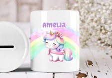 Image of Personalised Cute Rainbow Unicorn Money Box Ceramic Savings Pot Gift Idea